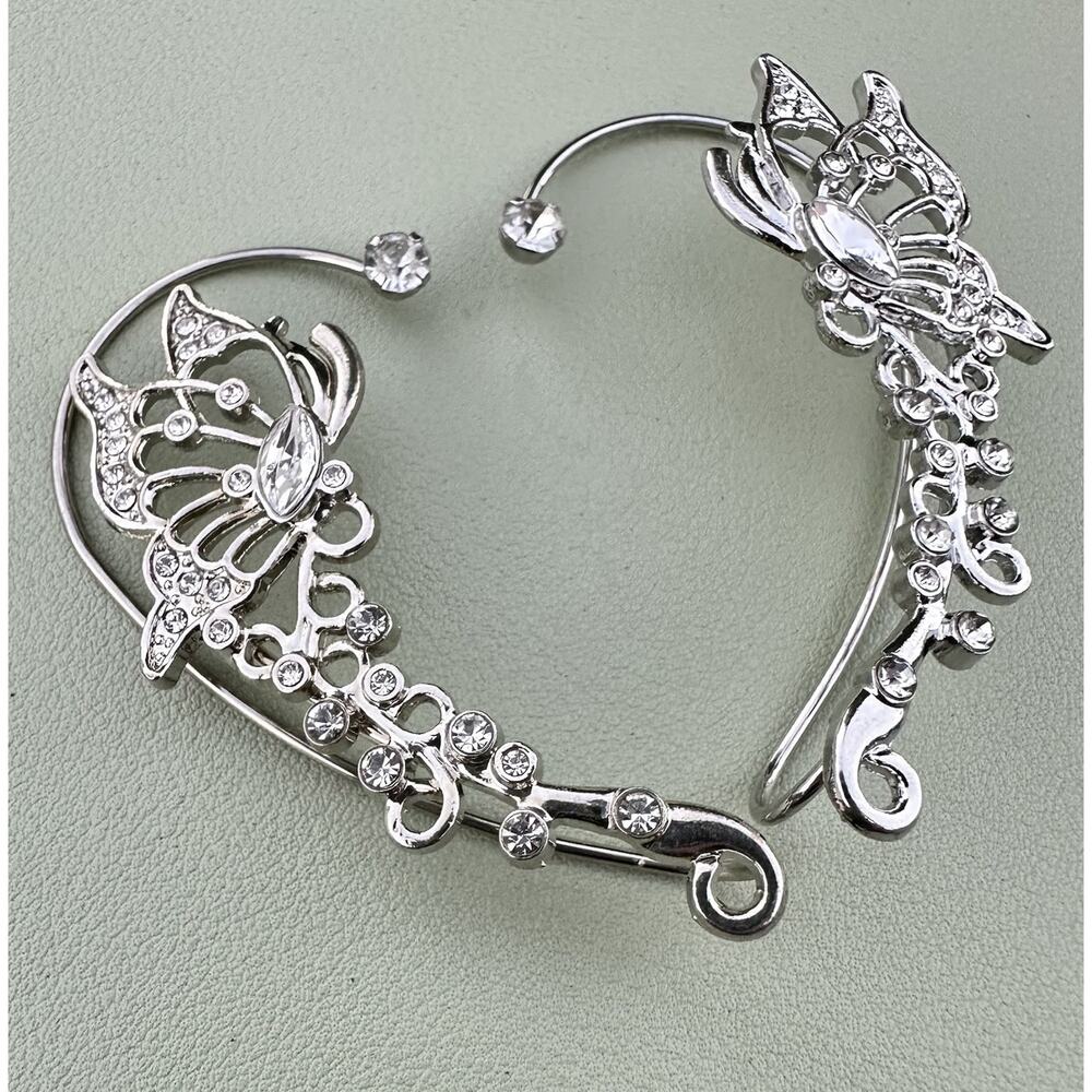 Silver Tone Butterfly Ear Cuffs Climber Hooks Rhinestone Fairycore Whimsical